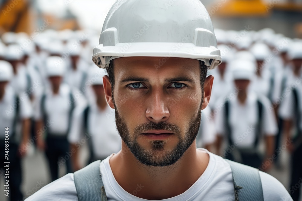 Attractive male construction worker in helmet, standing in front of many other workers. Attractive male construction worker in helmet, standing in front of many other workers.