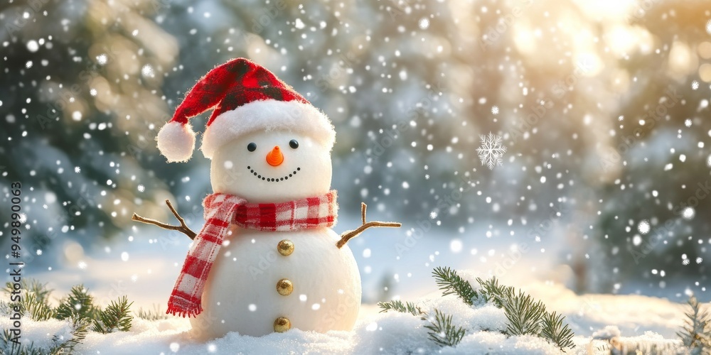 Happy snowman standing in snowy forest during christmas season Happy snowman standing in snowy forest during christmas season