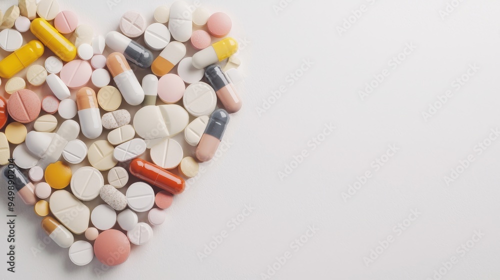 Artistic heart made from a variety of medicine tablets, emphasizing the importance of health Artistic heart made from a variety of medicine tablets, emphasizing the importance of health