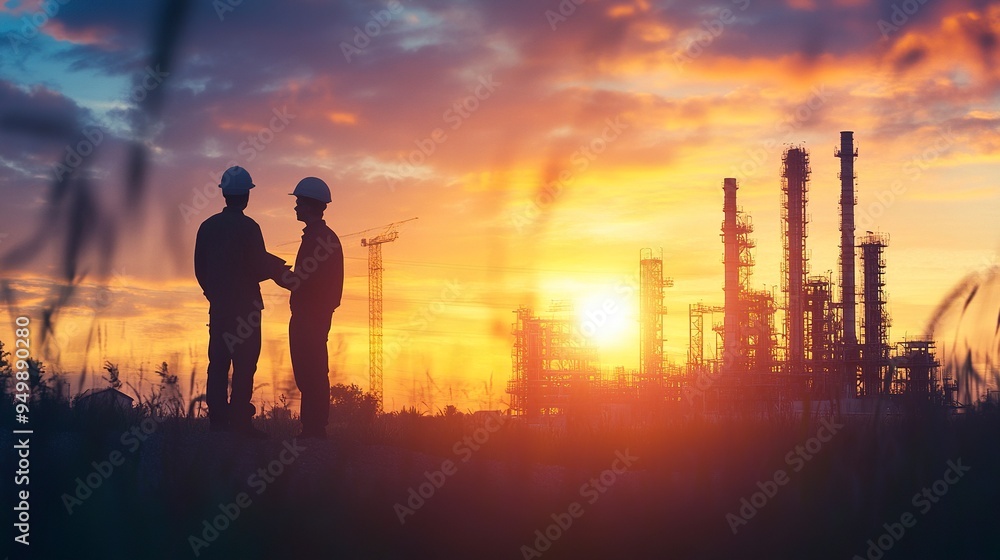 Fototapeta premium Silhouette of Engineer and worker checking project at construction site, building site with blurred sunset sky in evening time background.generative ai