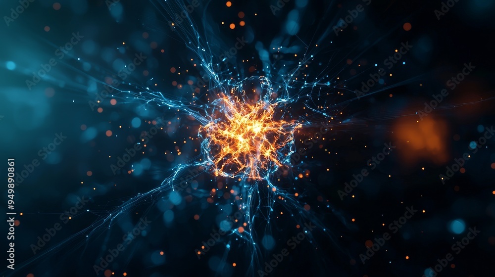 Fototapeta premium Splitting process of a nuclear fission reaction, atomic particles breaking apart with energy release