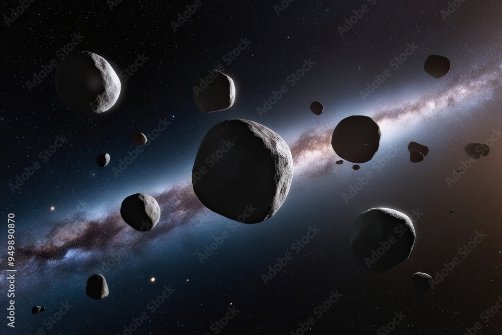 Naklejka premium Asteroids in Orbit A Swarm of Floating Celestial Rocks in Space
