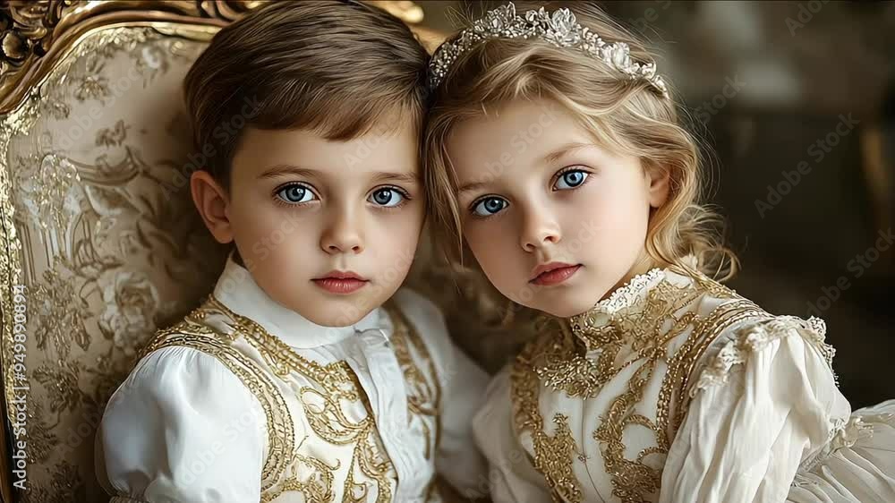 brother and sister wearing ancient elegant noble clothes in a luxury building brother and sister wearing ancient elegant noble clothes in a luxury building