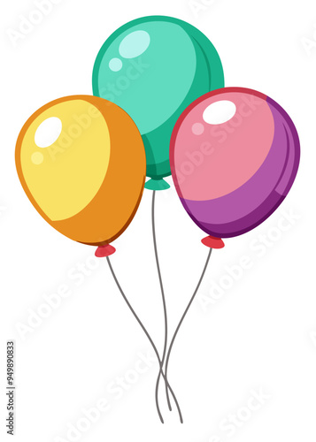 Three colorful balloons fly in the air on a white background