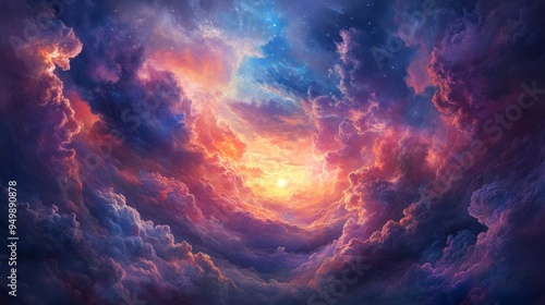 Captivating celestial tapestry adorned with vibrant hues of twilight. Gleaming clouds paint the horizon, casting a radiant glow upon the celestial orb.