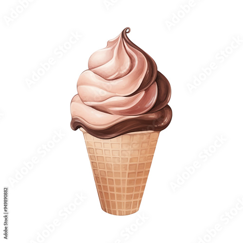 Delicious soft serve ice cream in a waffle cone with a mix of chocolate and vanilla swirl, perfect for a refreshing summer treat.