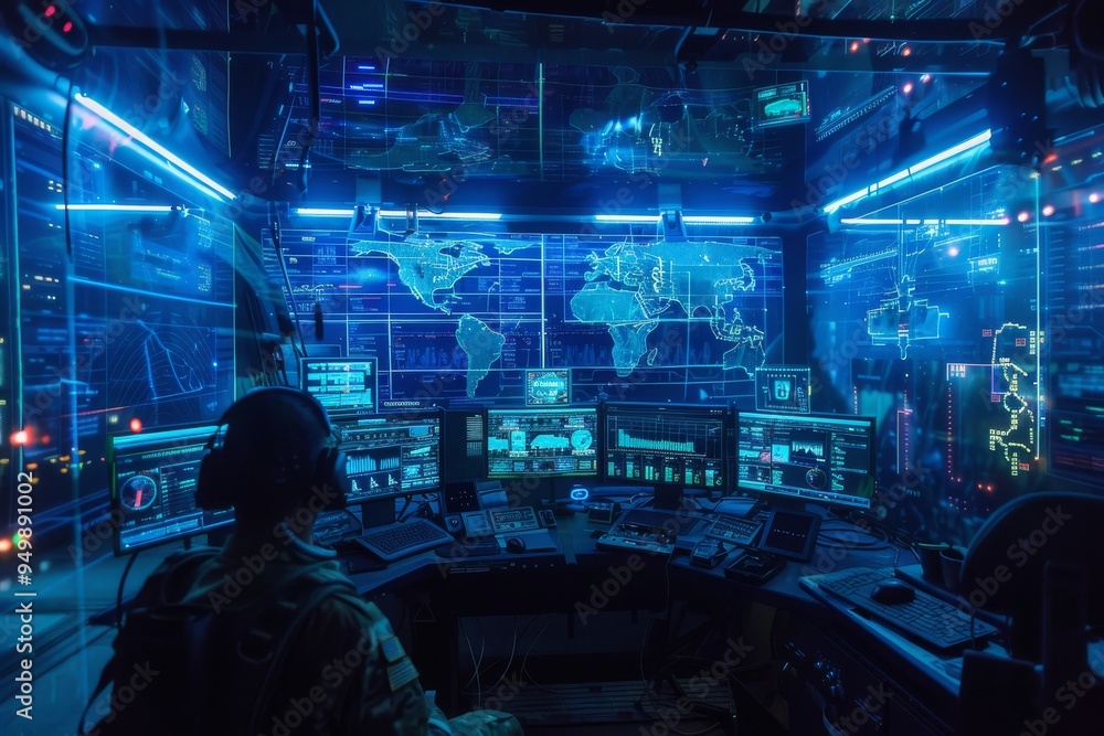 A conceptual image illustrating the evolution of cybersecurity, featuring digital locks and protective measures in a modern setting. A holographic command center coordinating military operations, A conceptual image illustrating the evolution of cybersecurity, featuring digital locks and protective measures in a modern setting. A holographic command center coordinating military operations,