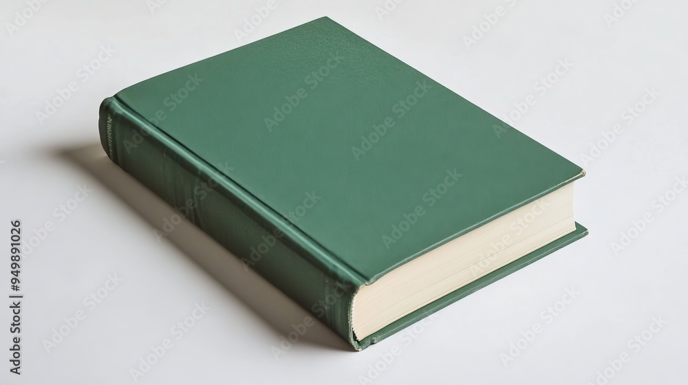 Close-up photo of a hardcover book with a plain green cover against a white background. Close-up photo of a hardcover book with a plain green cover against a white background.