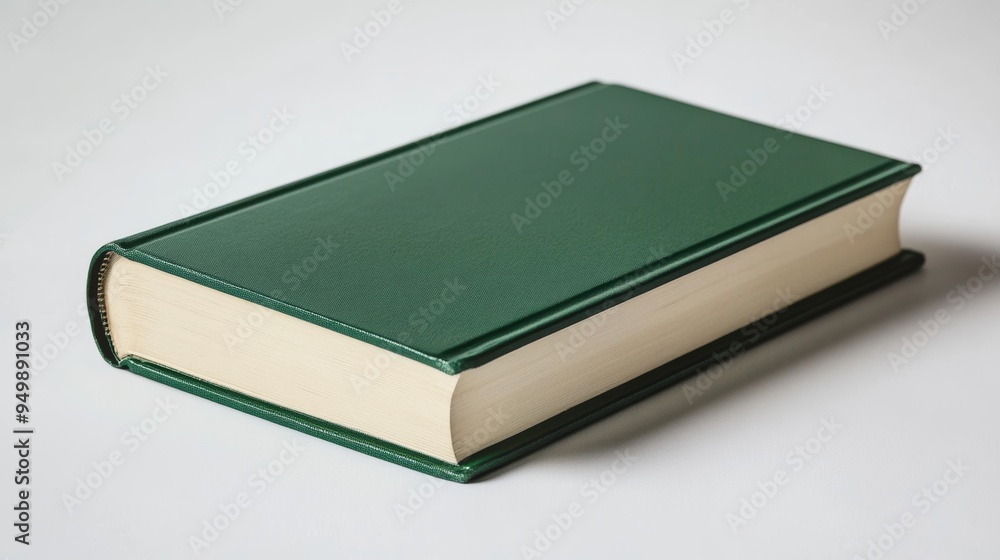 Close-up photo of a hardcover book with a plain green cover against a white background. Close-up photo of a hardcover book with a plain green cover against a white background.
