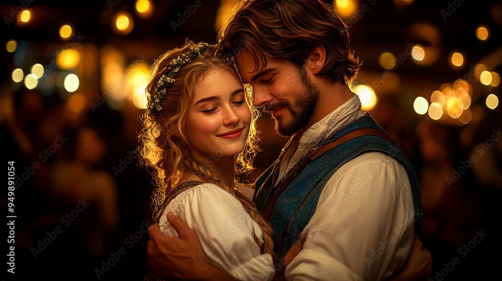 The couple embraces in a warm dance, surrounded by an enchanting ambiance filled with live Bavarian music and twinkling lights. The couple embraces in a warm dance, surrounded by an enchanting ambiance filled with live Bavarian music and twinkling lights.
