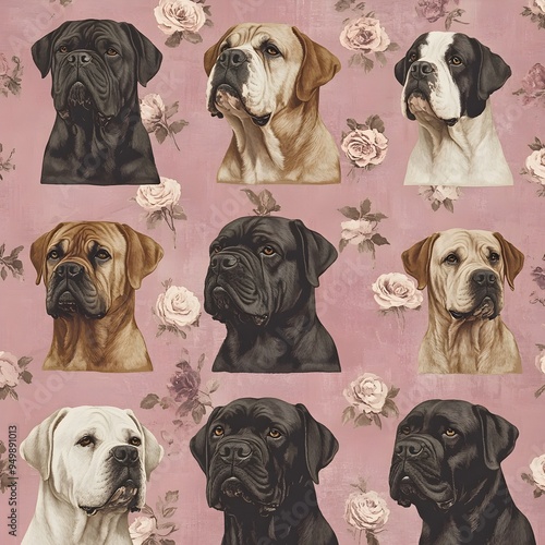 Diverse Collection of Worldwide Mastiff Breed Dogs on Muted Rose Floral Background in Magazine Style Montage photo