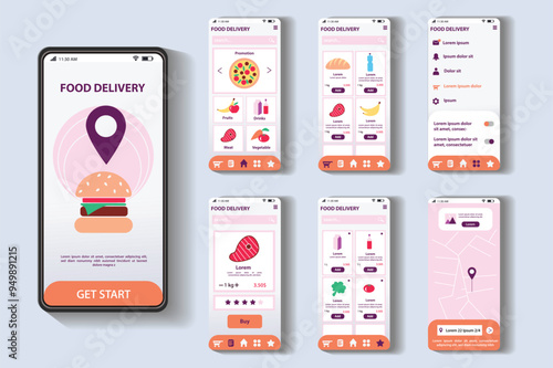 Food delivery app concept in flat design. This image shows the interface of a food delivery app, which shows several screens dedicated to different food categories. Vector Illustration.