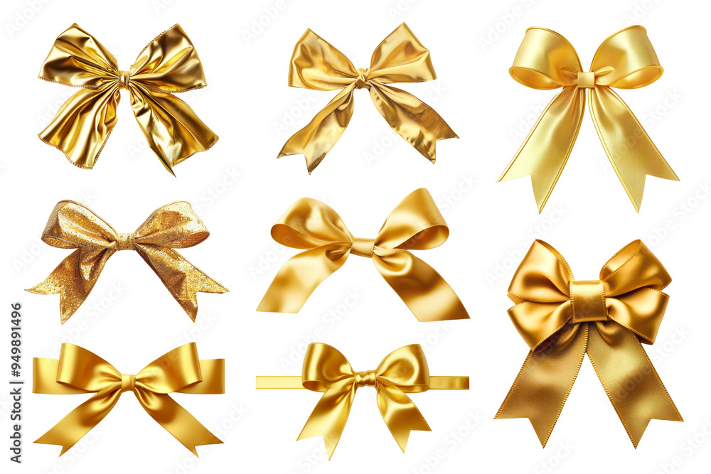 PNG gold ribbon bow element set, transparent background PNG gold ribbon bow element set, transparent background