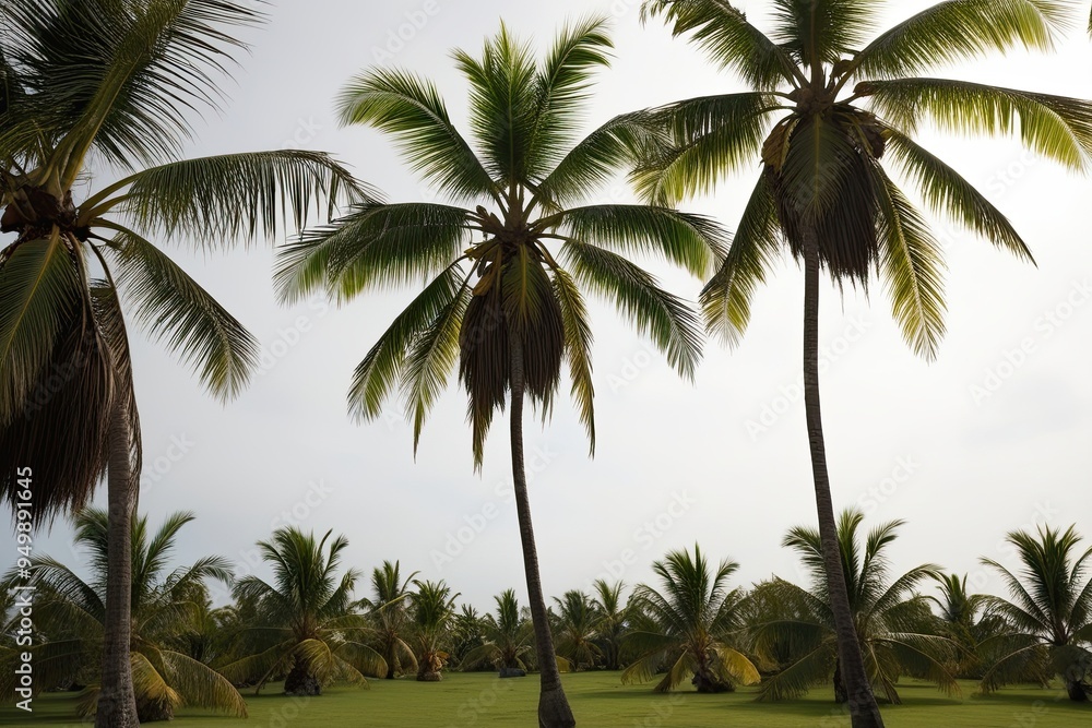 Tropical Landscape Featuring Areca and Coconut Palms on Clean White Background