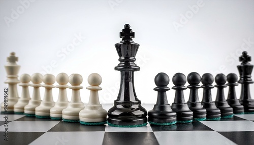 Black chess king standing ahead of white pawns on white background. Strategy and competition concept.