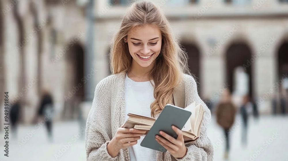 Fototapeta premium A young woman stands on a university campus, smiling while holding a smartphone and books, with headphones on, surrounded by fellow students in a lively atmosphere