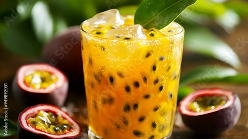 chilled glass of passion fruit juice with ice, surrounded by ripe passion fruit photo