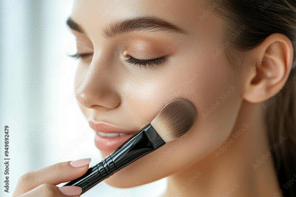 Woman Applying Makeup with a Brush to Her Cheek Woman Applying Makeup with a Brush to Her Cheek