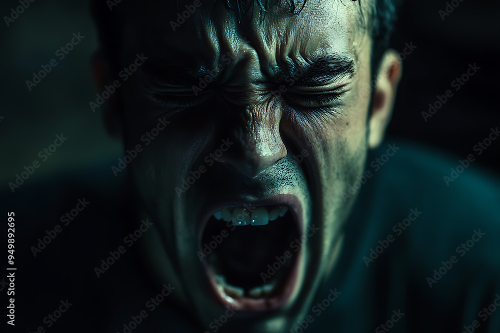 A powerful depiction of a depressed man screaming in agony, expressing intense emotional pain and suffering A powerful depiction of a depressed man screaming in agony, expressing intense emotional pain and suffering