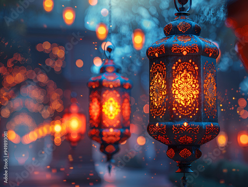  Colorful Ramadan lanterns illuminate the street at night, creating a festive and serene atmosphere for the holy month.