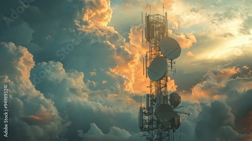 A close-up of a telecommunications tower's antennas and dishes, framed by dramatic clouds, capturing the intricate details against the sky