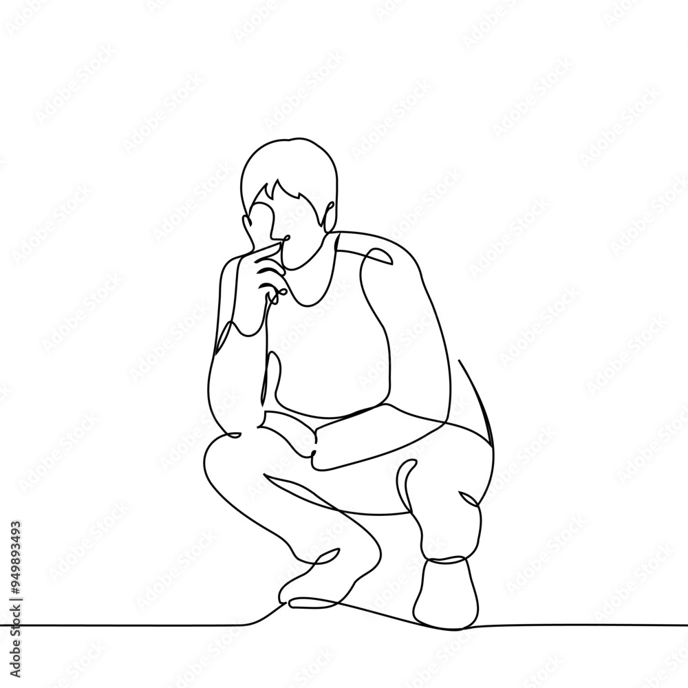 man squatting thoughtfully - one line art vector man squatting thoughtfully - one line art vector