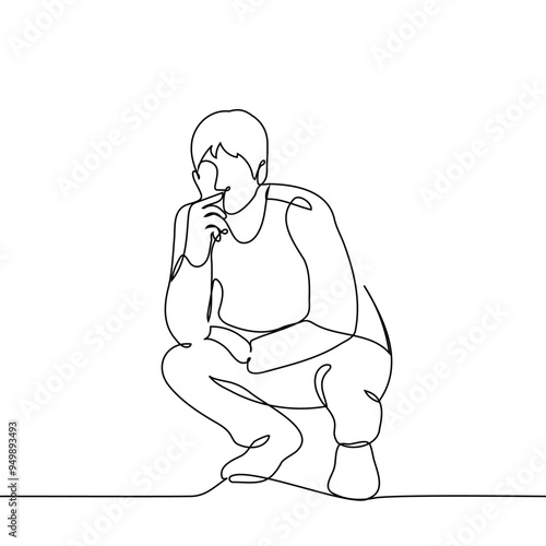 man squatting thoughtfully - one line art vector