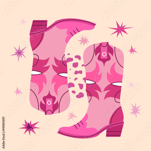 Cowgirl boots with different patterns. Pink hand drawn fashion staple. Cowboy western and Wild West retro vintage   Vector  illustration