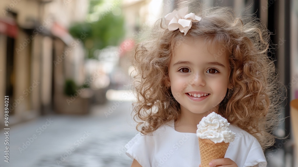 A joyful little girl with curly hair and brown eyes holds an ice cream cone while smiling at the camera, surrounded by a soft, urban backdrop in warm colors A joyful little girl with curly hair and brown eyes holds an ice cream cone while smiling at the camera, surrounded by a soft, urban backdrop in warm colors