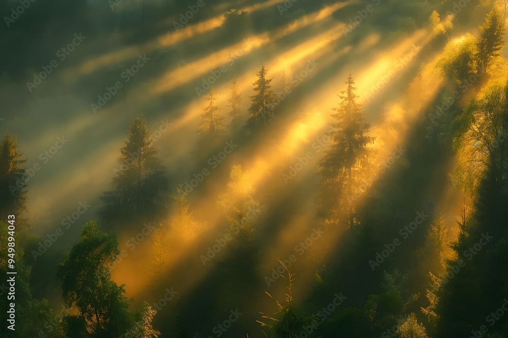 Naklejka premium Enchanted Sunrise: Sunlight Streaming Through Misty Forest Trees