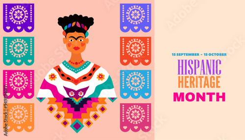 National hispanic heritage month banner with latin geometrical patterns, mexican flowers, guitar, bright colored decor