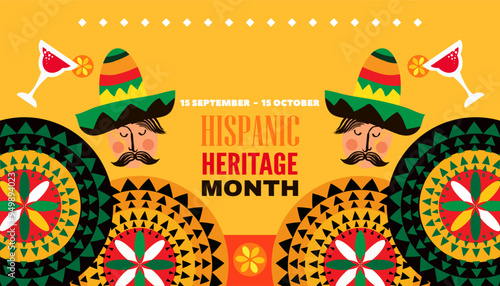 National hispanic heritage month banner with latin geometrical patterns, mexican flowers, guitar