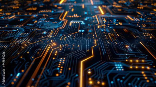 Detailed circuitry pattern with glowing lines on a dark background illustrating modern technology concepts