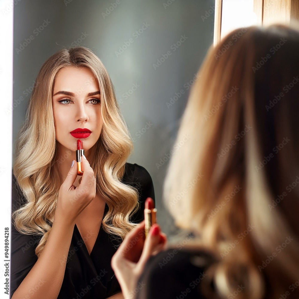 elegant caucasian young woman putting on red lipstick, AI genera