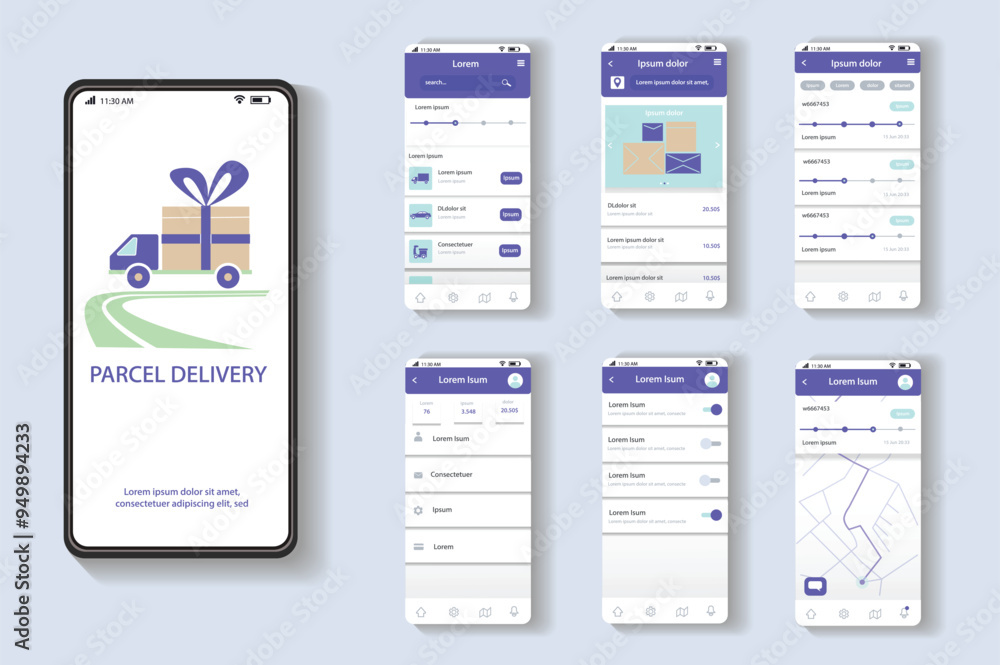 Delivery app concept in flat design. Parcel delivery mobile application interface with package illustrations, user-friendly design and navigation map for shipment tracking. Vector Illustration. Delivery app concept in flat design. Parcel delivery mobile application interface with package illustrations, user-friendly design and navigation map for shipment tracking. Vector Illustration.