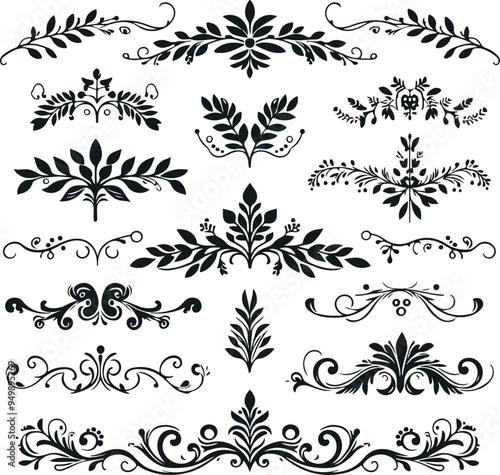 Hand drawn Ornamental Floral Dividers And Decorative Separators On Solid White Background