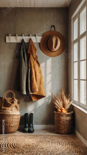 Hallway with dark green rubber boots and vintage clothes in farmhouse rustic style. Wooden countryside lobby interior with wicker basket in beige autumn atmosphere