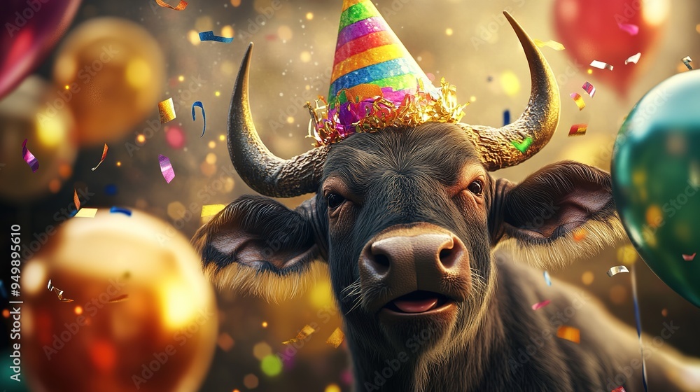 Happy Cute Animal Buffalo Wearing a Clown Hat, Celebrating New Year Celebration or Fancy Birthday Party, Lots of Balloons with Shiny Ribbons.