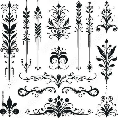 Hand drawn Ornamental Floral Dividers And Decorative Separators On Solid White Background