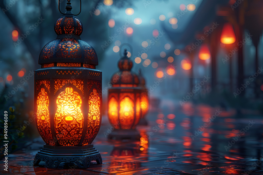 Lanterns illuminate a rainy street, casting a warm glow amidst the droplets falling from the sky. Lanterns illuminate a rainy street, casting a warm glow amidst the droplets falling from the sky.