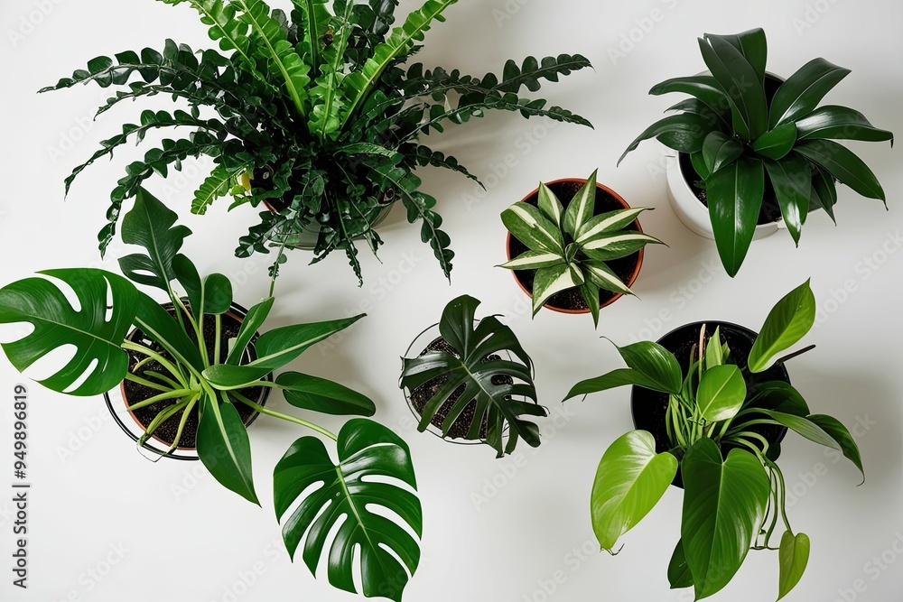 Vibrant Urban Jungle Plant Display Featuring ZZ Plant Croton and Pothos on Modern White Background Vibrant Urban Jungle Plant Display Featuring ZZ Plant Croton and Pothos on Modern White Background