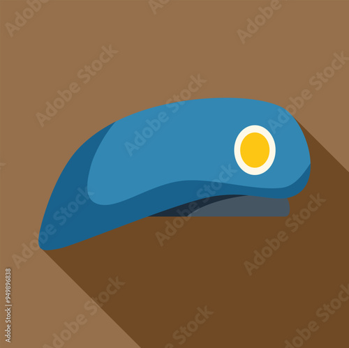 Blue military beret lying on brown background with shadow, in flat design style