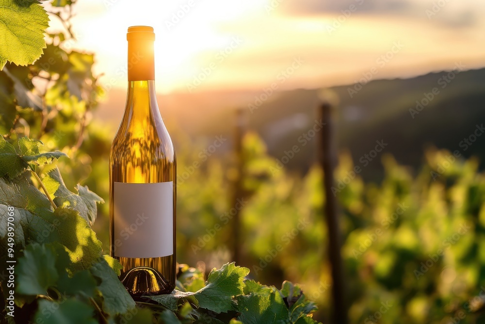 Fototapeta premium White wine bottle mock up on on top of an old barrel, rows of barrels inside a winery