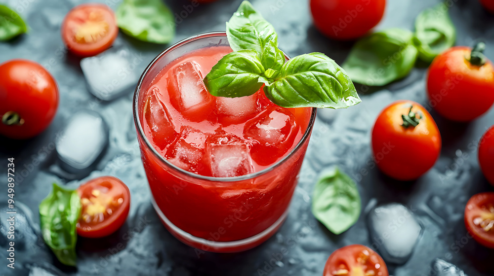 chilled glass of tomato juice with ice, surrounded by ripe tomatoes and basil leaves chilled glass of tomato juice with ice, surrounded by ripe tomatoes and basil leaves
