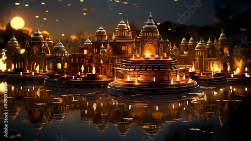 Video of Diwali holiday. View of a temple from water. Lotus flowers on the water.