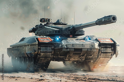 A tank maneuvers through the arid desert terrain, highlighting its strength and capability in challenging environments, A massive, AI-controlled tank rolling into battle, AI generated photo