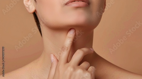 close up of woman pointing to lower jaw and neck
