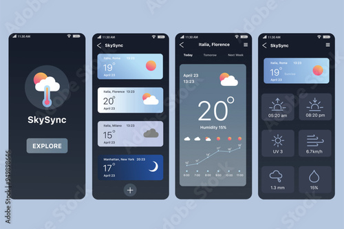 Weather app concept in flat design. SkySync user interface design, displaying weather data for different cities, including temperature and humidity functions. Vector Illustration.