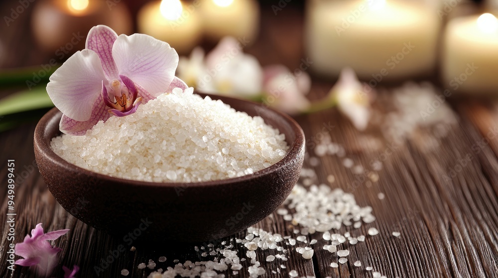 A luxurious spa treatment with a bowl of sea salt and an orchid flower. Pampering, indulgence, beauty. A luxurious spa treatment with a bowl of sea salt and an orchid flower. Pampering, indulgence, beauty.