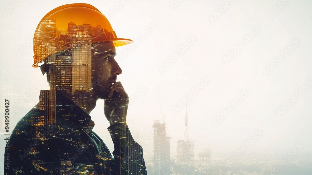The double exposure image of the engineer thinking overlays with cityscape image with copy space. The concept of engineering, construction, futuristic and industry. generative ai The double exposure image of the engineer thinking overlays with cityscape image with copy space. The concept of engineering, construction, futuristic and industry. generative ai